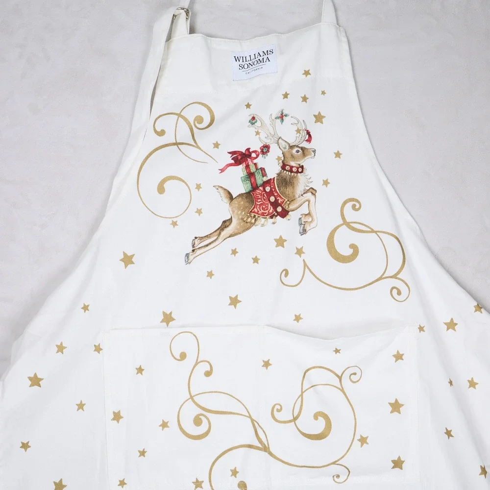 Williams Sonoma Twas the Night Before Christmas Apron White Gold Reindeer New